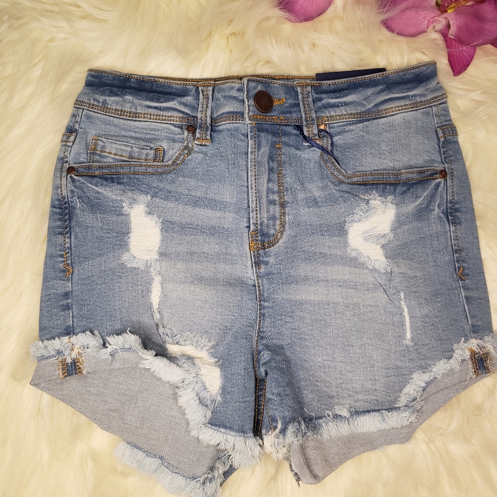 High-Waisted Light Wash Distressed Denim Shorts with Raw Frayed Hem